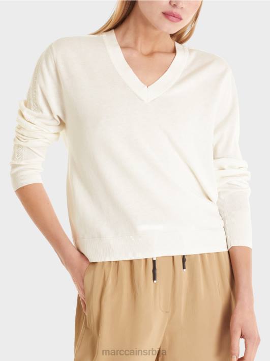 елегантан фино плетени џемпер са в-изрезом Marc Cain D6881154 прљаво бело одећу